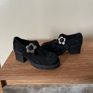 Black suede Maryjane heels with silver flower daisy buckle